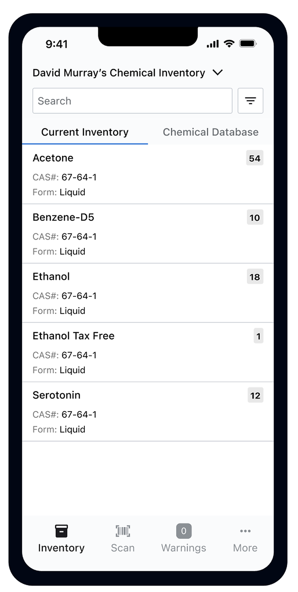 The redesigned RSS Chemicals home on iPhone — clean list of chemicals with CAS numbers, quantities, and a bottom tab bar with Scan as a primary action.